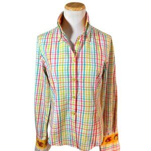 ANDREA BECKER Pink Green Aqua Yellow Plaid Check Button Down Shirt – S
